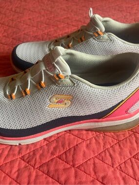 Skechers White Mesh Athletic Sneakers with Pink and Orange Accents